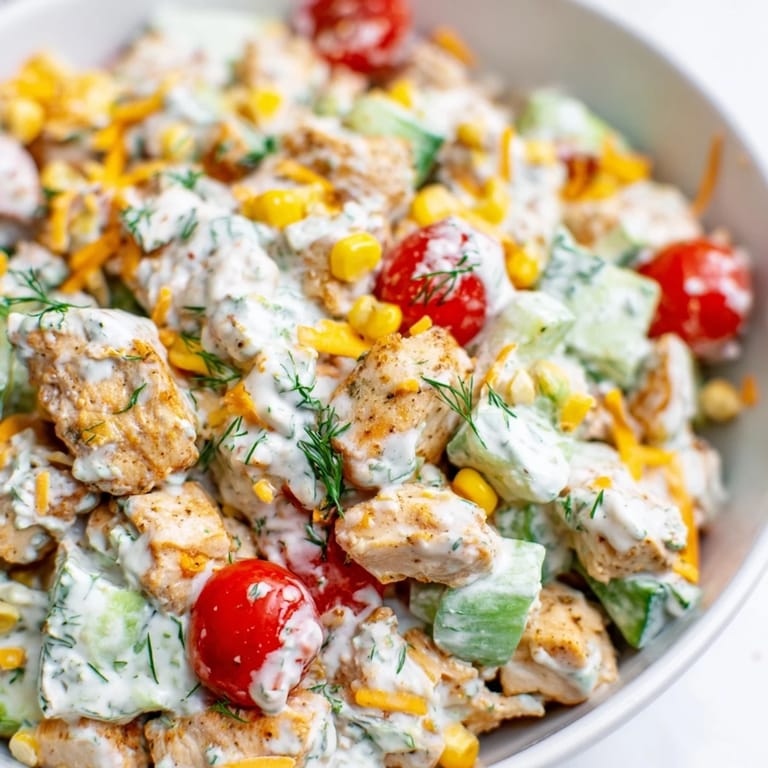 Freshly tossed Ranch Chicken Chopped Salad with crisp romaine, sweet corn, diced cucumber, and shredded sharp cheddar cheese.