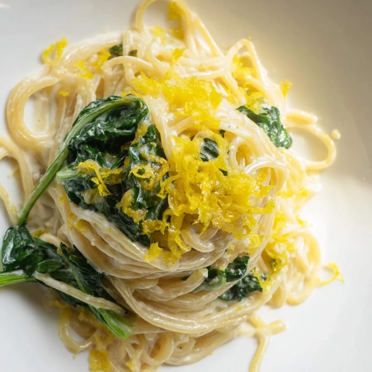 A close-up of Creamy Lemon Spinach Spaghetti in a shallow bowl, garnished with fresh lemon zest and grated Parmesan.