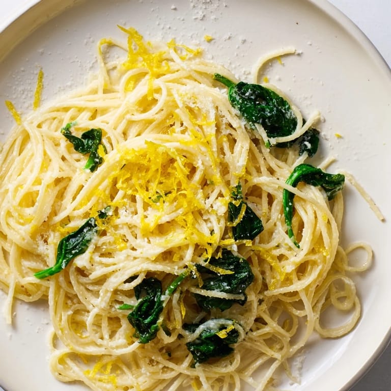 Warm Creamy Lemon Spinach Spaghetti plated beside a crisp white wine, capturing a cozy Italian-inspired vegetarian dinner.
