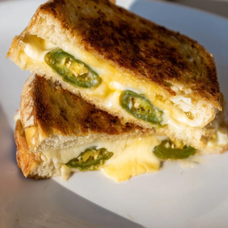 A close-up of a spicy jalapeño Havarti grilled cheese, served with a red bowl of tomato soup for dipping.