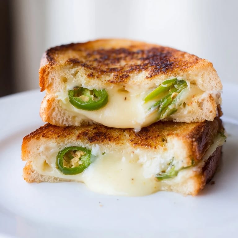 Freshly cooked jalapeño Havarti grilled cheese with crispy sourdough, melted cheese, and jalapeño slices on a marble countertop.