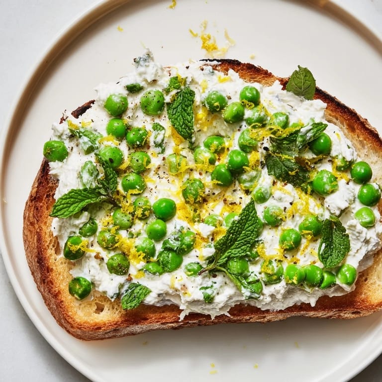 A slice of pea and mint ricotta toast garnished with lemon wedges, ready to serve as a quick, flavorful vegetarian snack.