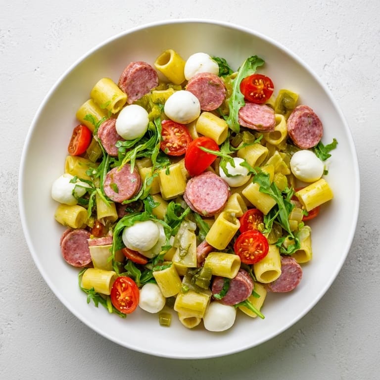 Overhead view of Spring Antipasto Pasta Salad, showcasing ditalini, fresh arugula, mozzarella, and sliced red onion glistening with a bright, homemade lemon-Dijon dressing.