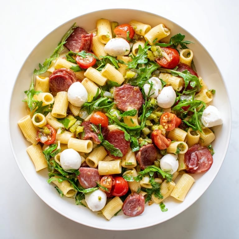Spring Antipasto Pasta Salad served in a white bowl, featuring colorful cherry tomatoes, savory salami, and tangy pickled vegetables for a perfect spring gathering.