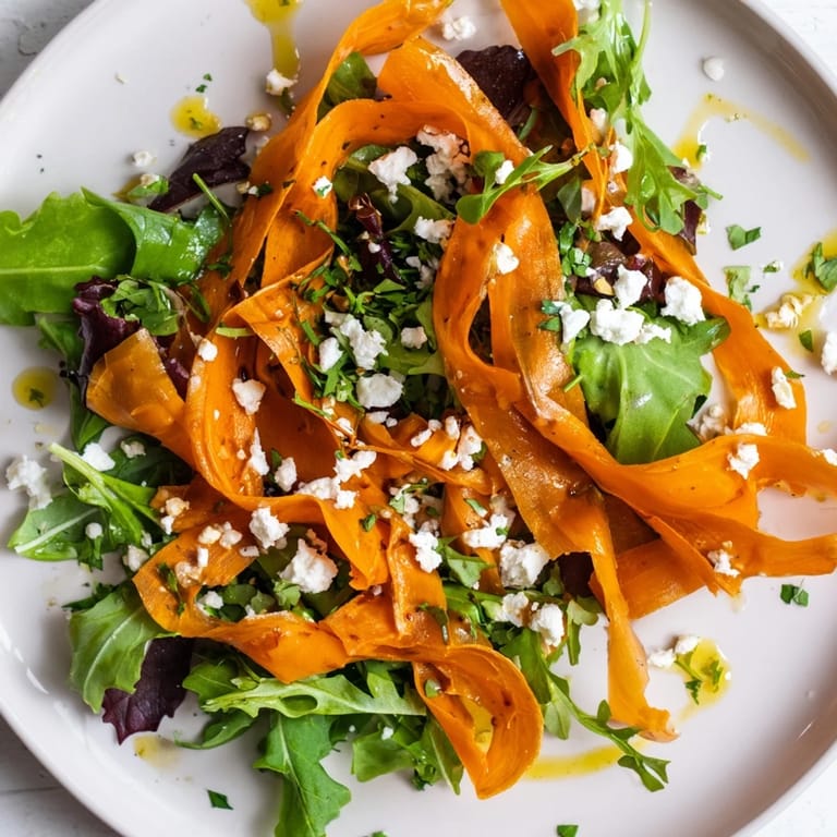 Savory carrot ribbons roasted until caramelized, layered over arugula with pecans and tangy vinaigrette.