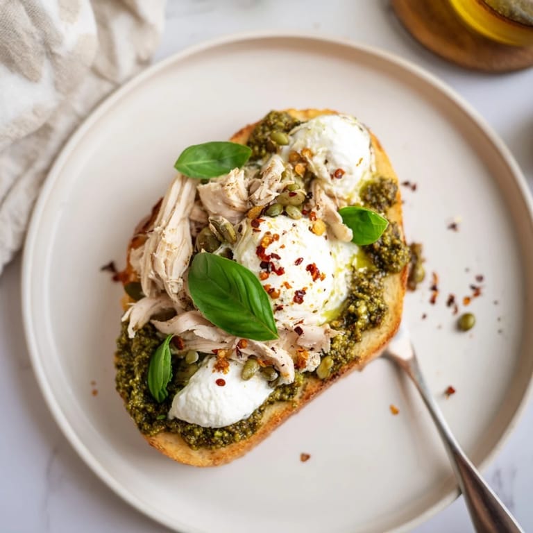 A close-up of Pesto Chicken Burrata Toast with melted burrata on herbaceous pesto and juicy chicken, served warm on rustic sourdough.