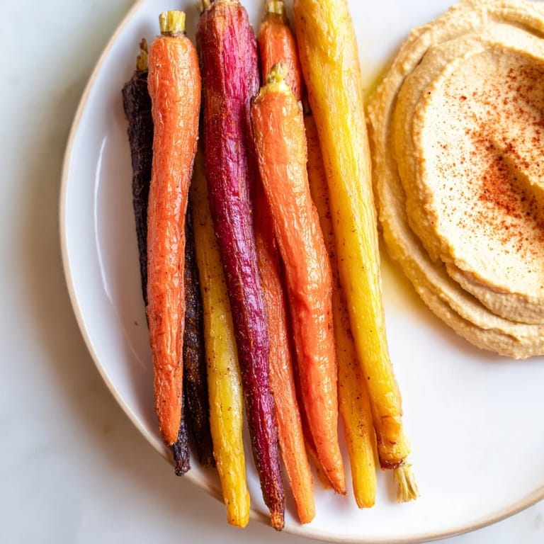 A close-up of the Rainbow Carrots and Hummus platter shows glistening olive oil, warm spices, and fresh parsley garnish.