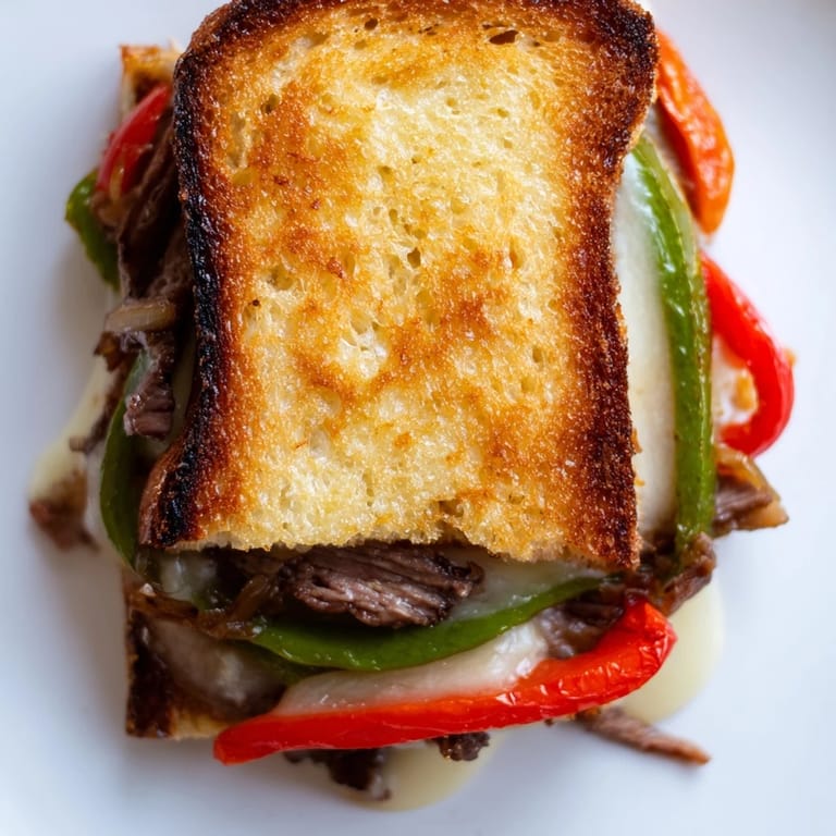 A Philly Cheesesteak Grilled Cheese sandwich cut in half, revealing juicy steak strips, sautéed onions, and peppers oozing with cheese.