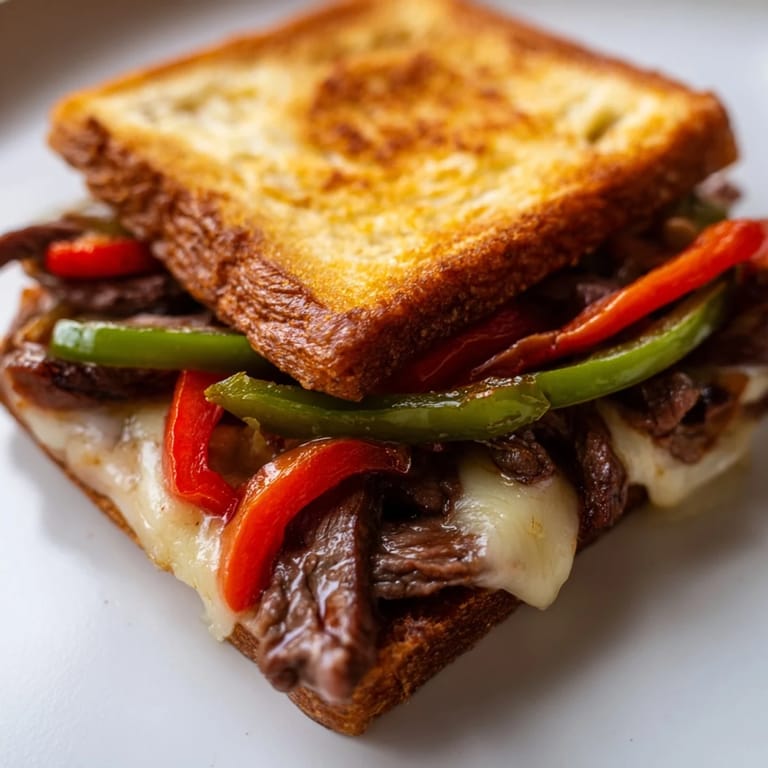 Golden, buttery grilled bread cradling a hearty Philly Cheesesteak Grilled Cheese, perfect for a comforting lunch or dinner.