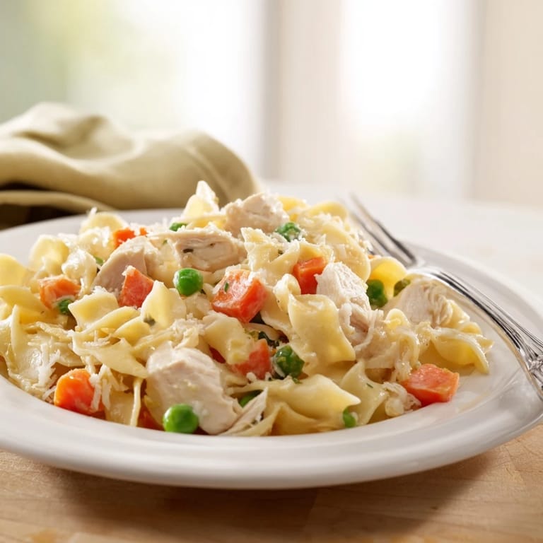 Easy weeknight Spring Chicken Noodle Skillet featuring al dente noodles, carrots, and peas, garnished with fresh parsley on the table.