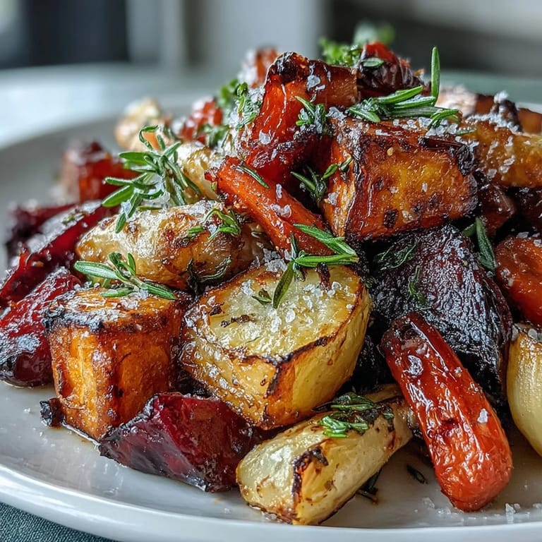 A colorful Roasted Root Vegetable Medley served warm, garnished with fresh parsley and a drizzle of olive oil.  