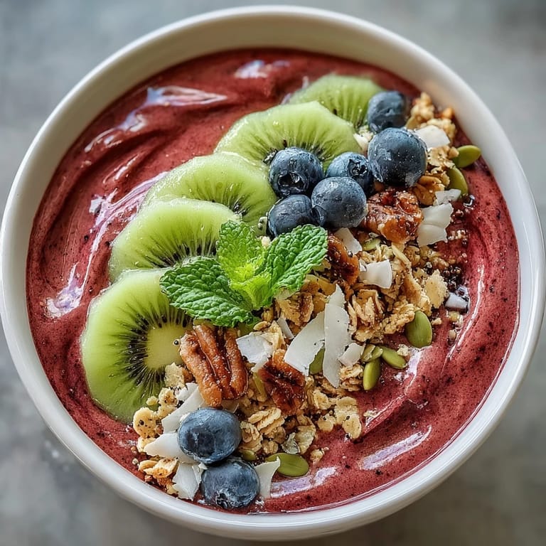 Creamy beet and berry smoothie bowl, a healthy and delicious power breakfast.