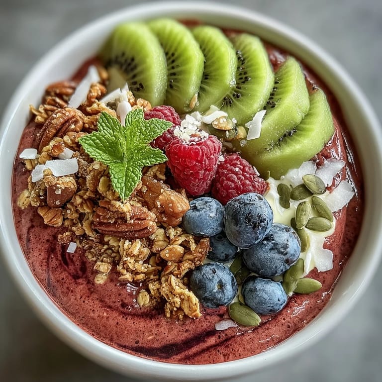Vibrant beet and berry smoothie bowl ready to eat, showcasing fresh fruit toppings.