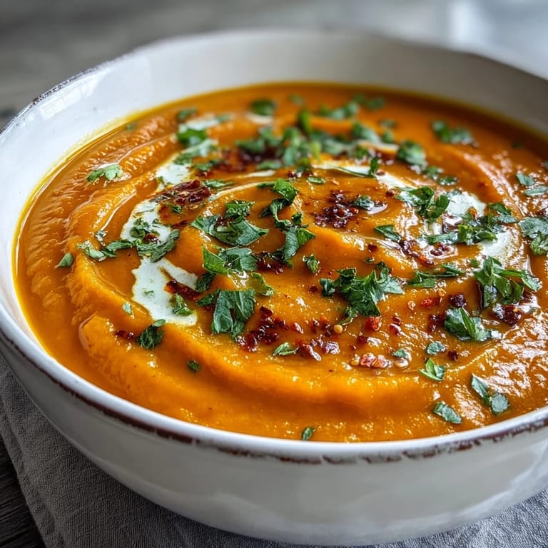 Bright orange Carrot, Celeriac and Chilli Soup garnished with fresh cilantro and a light drizzle of olive oil.