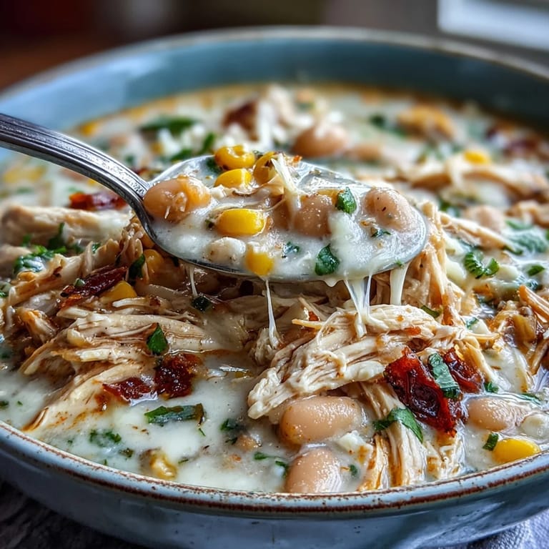 Steam rises from a ladle of White Chicken Chili, highlighting creamy broth, tender chicken, and colorful jalapeños and corn.