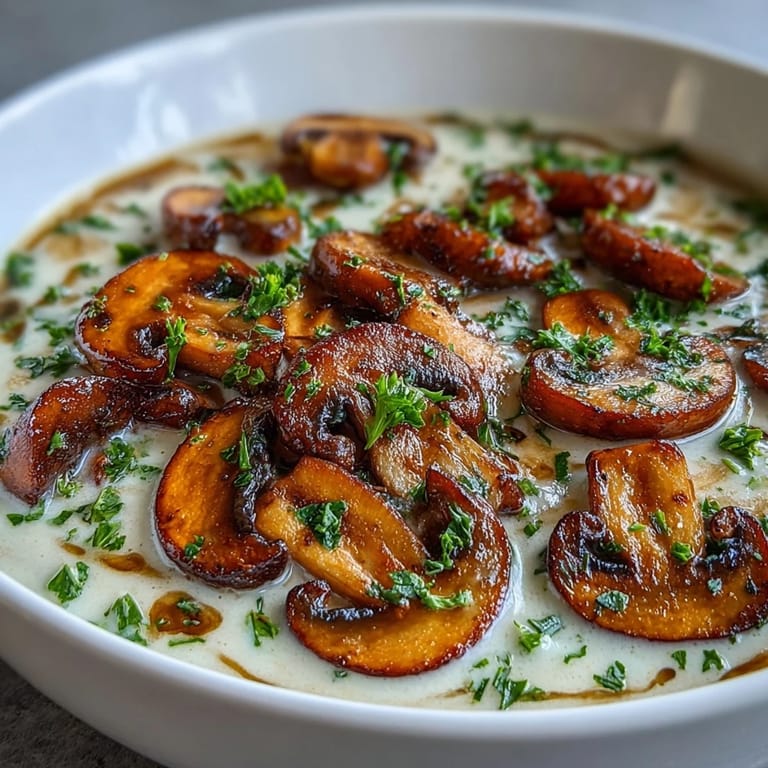 Rich Creamy Mushroom Stroganoff Soup served in a white ceramic mug, paired with crusty artisan bread on a wooden table.
