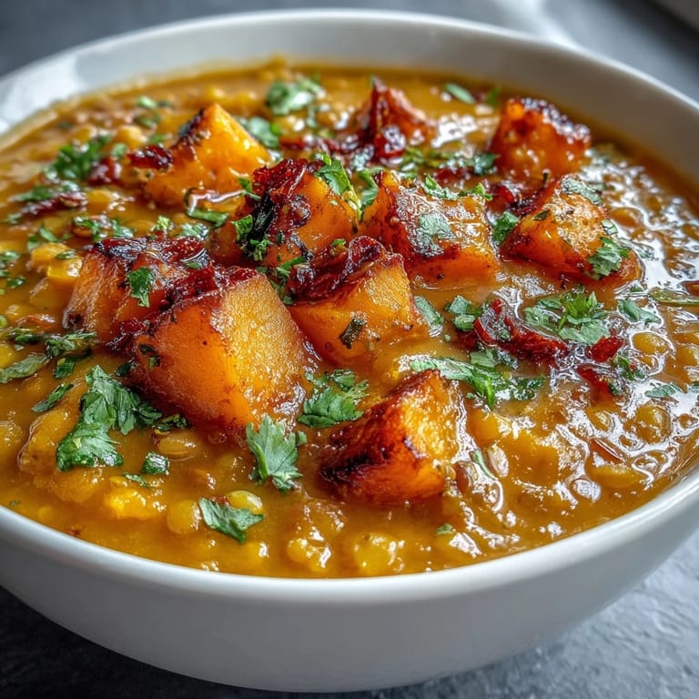 Vegan butternut squash and lentil soup served with warm crusty bread on a wooden table.