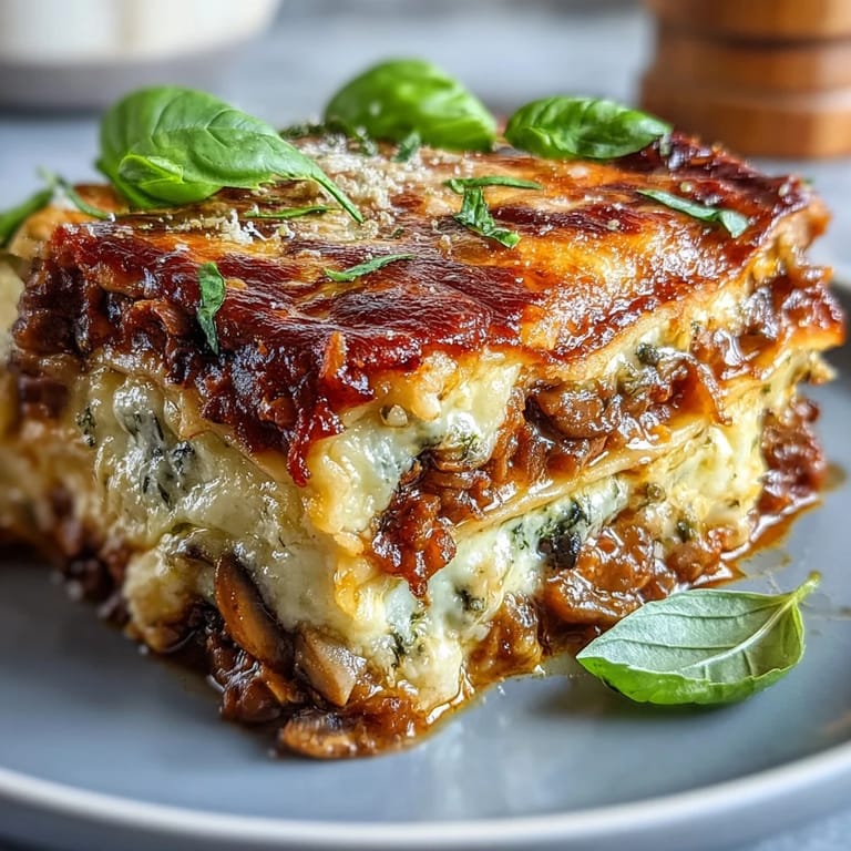 Skillet with a rustic One-Pan Smoky Veggie Lentil Lasagne, garnished with fresh basil, served alongside a crisp green salad and crusty bread.