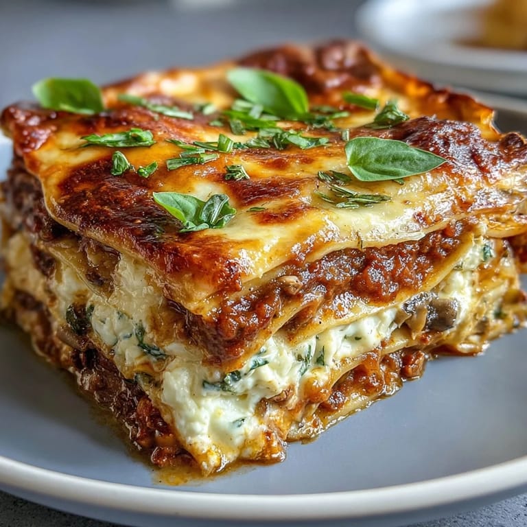 A close-up of a serving of One-Pan Smoky Veggie Lentil Lasagne on a white plate, showcasing the hearty lentil and vegetable layers.