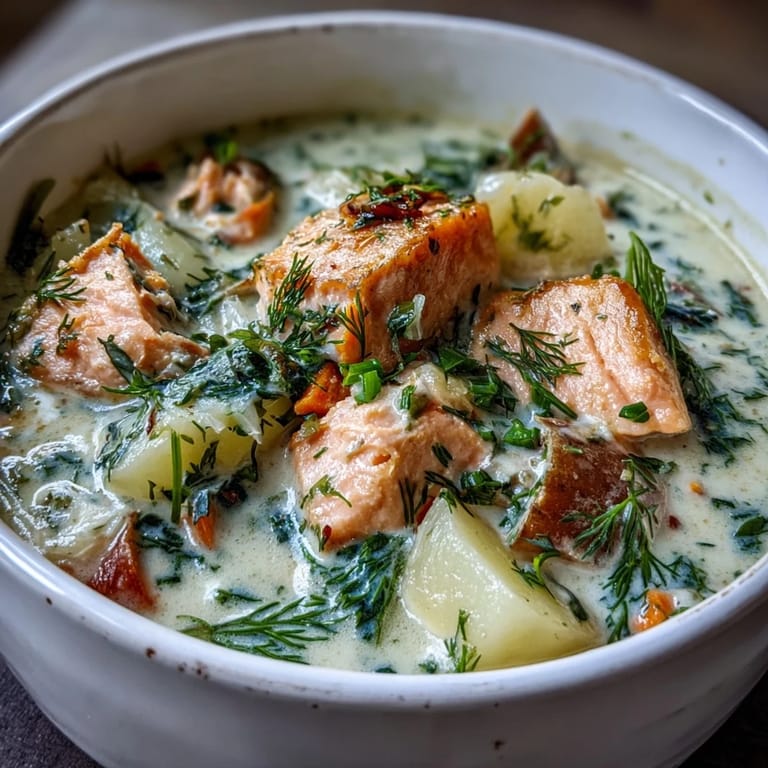 Hearty Finnish Salmon Soup garnished with chopped dill, paired with rye bread for a cozy, pescatarian-friendly lunch.