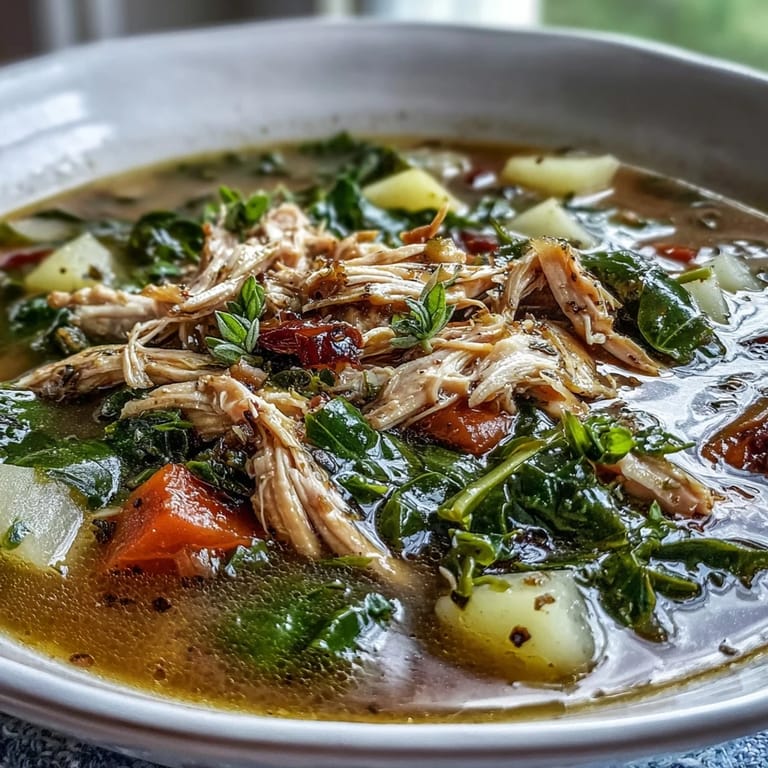 Steam rises from a rustic pot of Collard Greens, Chicken and Vegetable Soup, showing diced carrots and celery in broth.