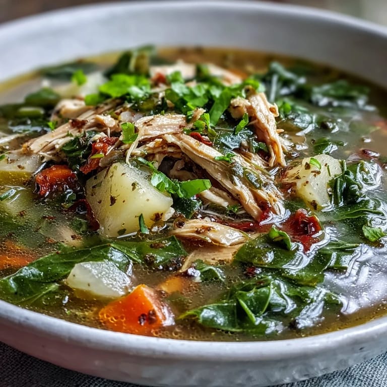 Serving suggestion for Collard Greens, Chicken and Vegetable Soup, garnished with herbs and placed beside crusty gluten-free bread.