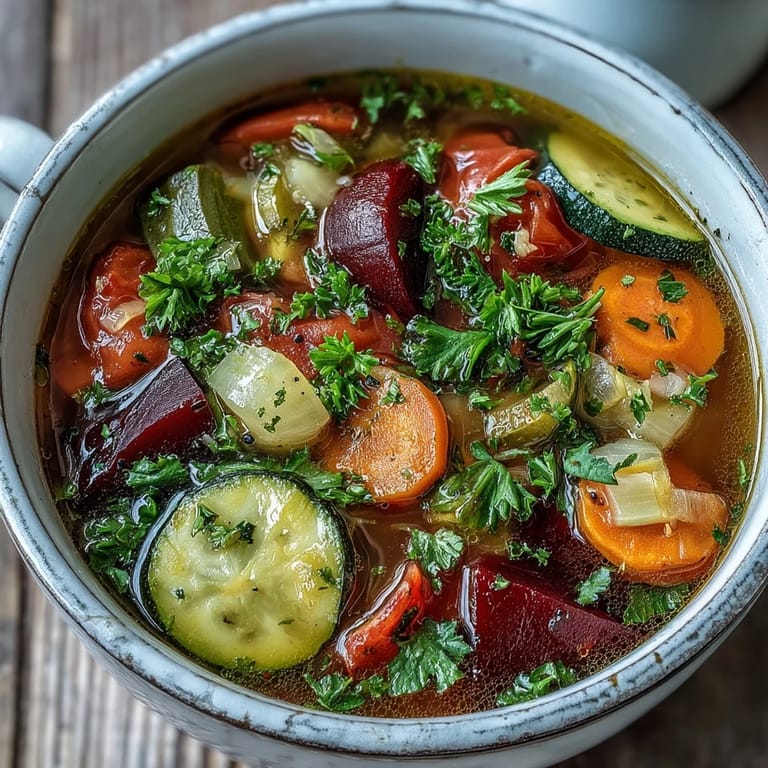 A pot of simmering Rainbow Vegetable Detox Soup reveals tender diced peppers and tomatoes, infused with turmeric and cumin. 