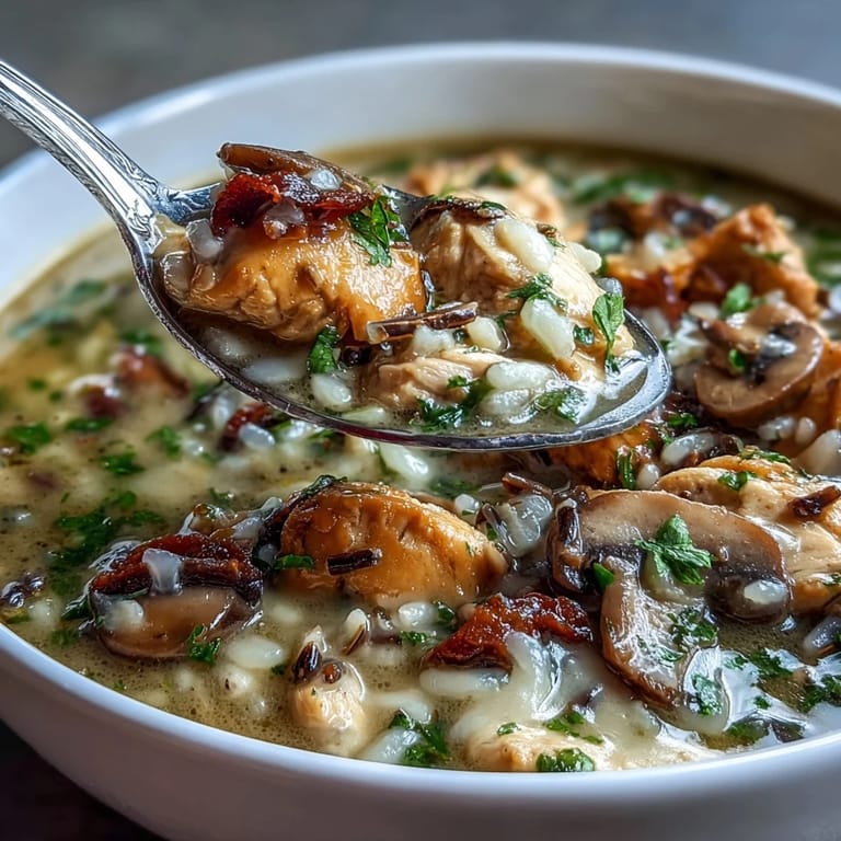 Close-up of rich Parmesan Mushroom Chicken and Wild Rice Soup in a warm ceramic bowl beside crusty bread.