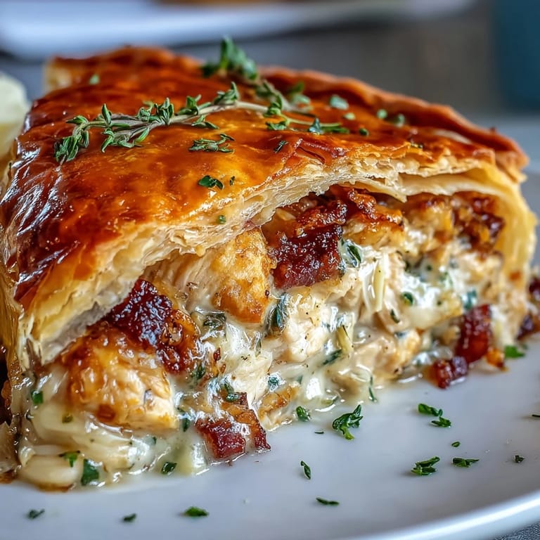 Savory Chicken and Leek Pie bubbling with creamy filling, featuring tender leeks, smoky bacon, and juicy chicken nestled in a rustic dish.