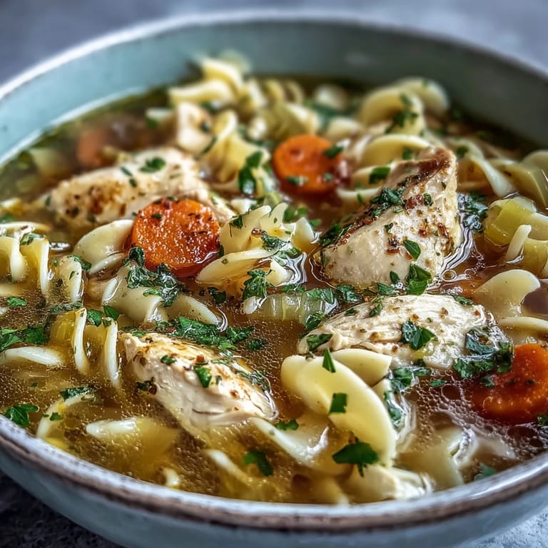 Close-up view of hearty Chicken Noodle Soup, showcasing soft egg noodles and diced chicken in savory broth.