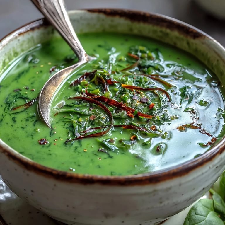 Serving suggestion for vegan Spinach Coriander Lemongrass Soup alongside fluffy steamed jasmine rice.