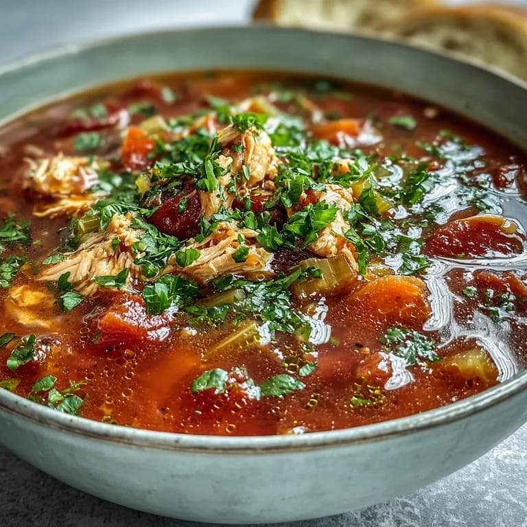 Close-up of a ladle serving Tuna and Tomato Soup next to crusty artisan bread for dipping.