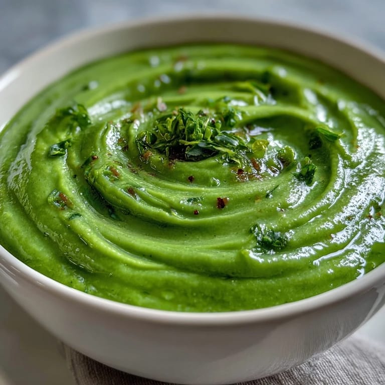 Close-up of the silky Big Green Immunity-Boosting Vegetable Soup in a white bowl, garnished with lemon, served on a wooden table.