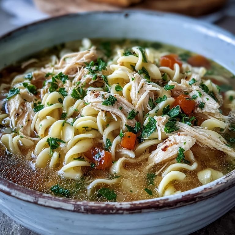 Steaming pot of homemade Chicken and Noodle Soup with wide egg noodles, fresh herbs, and diced vegetables ready to serve.