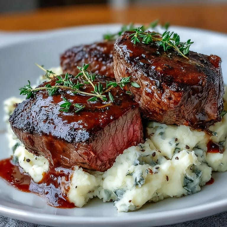 Savory venison steaks are plated alongside creamy caraway swede mash, garnished with fresh thyme and ready to serve for a cozy dinner.