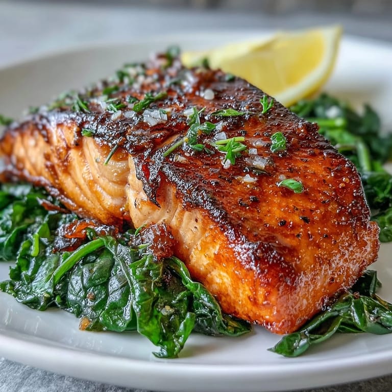 Garlic-sautéed Swiss chard and air-fried salmon garnished with lemon wedges, a quick gluten-free main dish for busy weeknights.