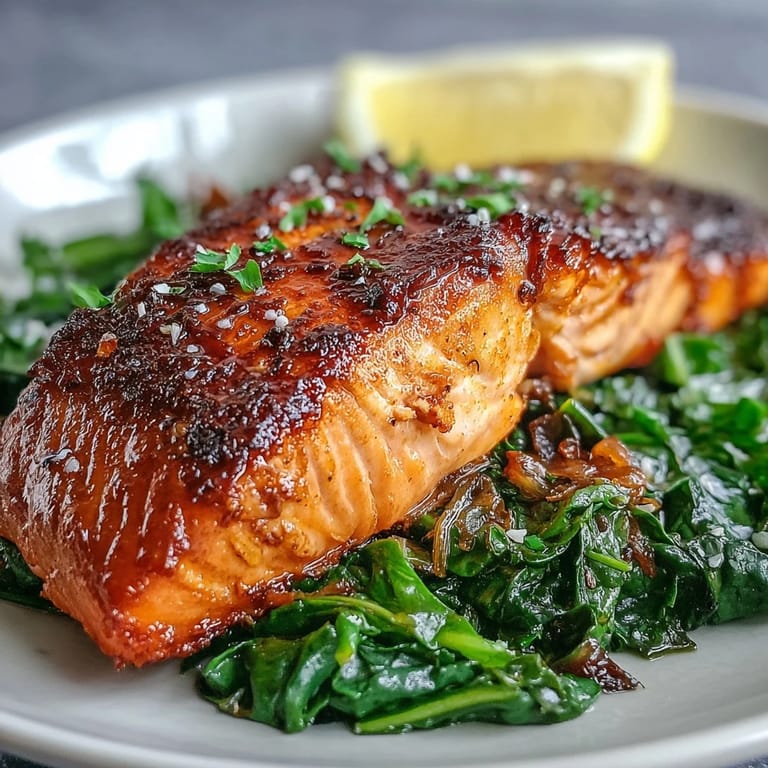 Two tender salmon fillets with extra-crisp skin served atop Swiss chard, brightened by fresh lemon for a healthy meal.
