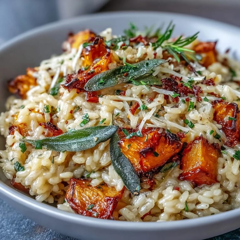 A close-up of golden Vegan Pumpkin Risotto with roasted pumpkin cubes and crunchy sage garnish on top.