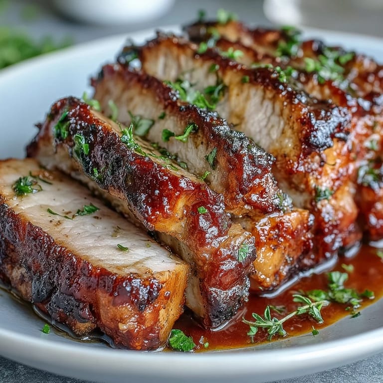 Rustic traybake presentation featuring juicy thick-cut pork and bubbling tangy rhubarb garnished with fresh parsley, served for a family dinner.