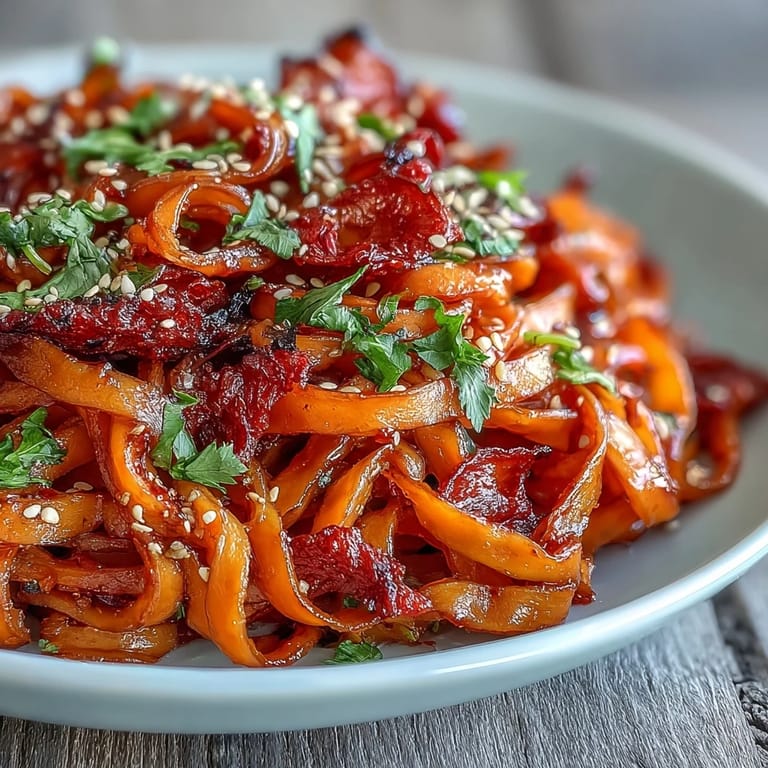 Spicy gochujang swede noodles in a colorful bowl with julienned carrots, crisp bean sprouts, and sliced spring onions for a flavorful fusion meal.