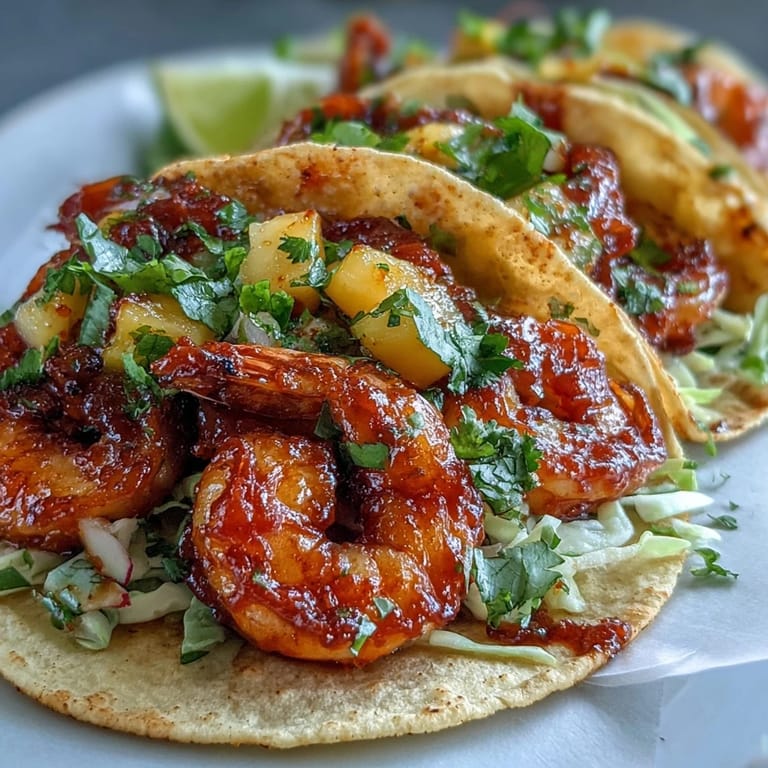 A close-up of Sriracha Shrimp Tacos with Mango Salsa shows glazed shrimp and diced mango, with shredded red cabbage adding a crisp, colorful crunch.