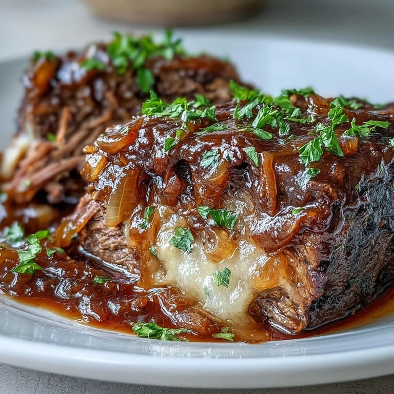 Slow cooker Savory Crock Pot French Onion Pot Roast topped with gooey Gruyere and fresh parsley. The tender beef is served in savory juices alongside optional sautéed mushrooms and crusty bread.