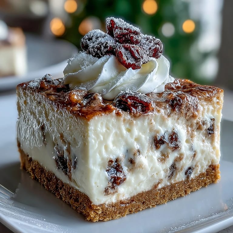 Close-up of a spatula lifting a rich Christmas Cheesecake Slab square, highlighting the velvety texture and dusted powdered sugar.