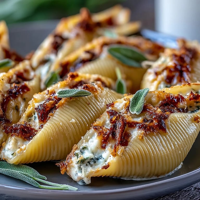 Rich, creamy pumpkin and Gouda stuffed shells topped with melted cheese and brown butter sage Alfredo, served warm from the oven.