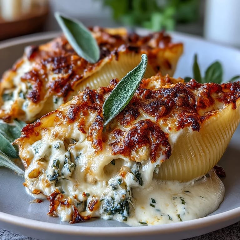 Jumbo pasta shells filled with pumpkin, ricotta, and smoked Gouda, baked in a luscious brown butter sage Alfredo sauce for dinner.