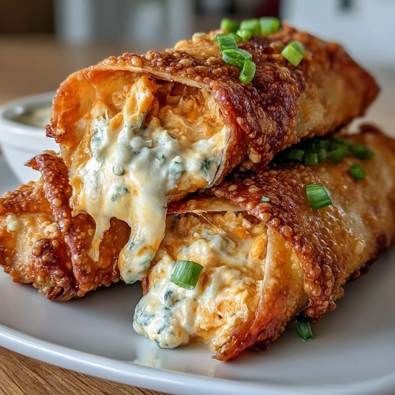 Homemade Buffalo Chicken Dip Egg Rolls fresh from the air fryer, steaming and perfectly crisp.
