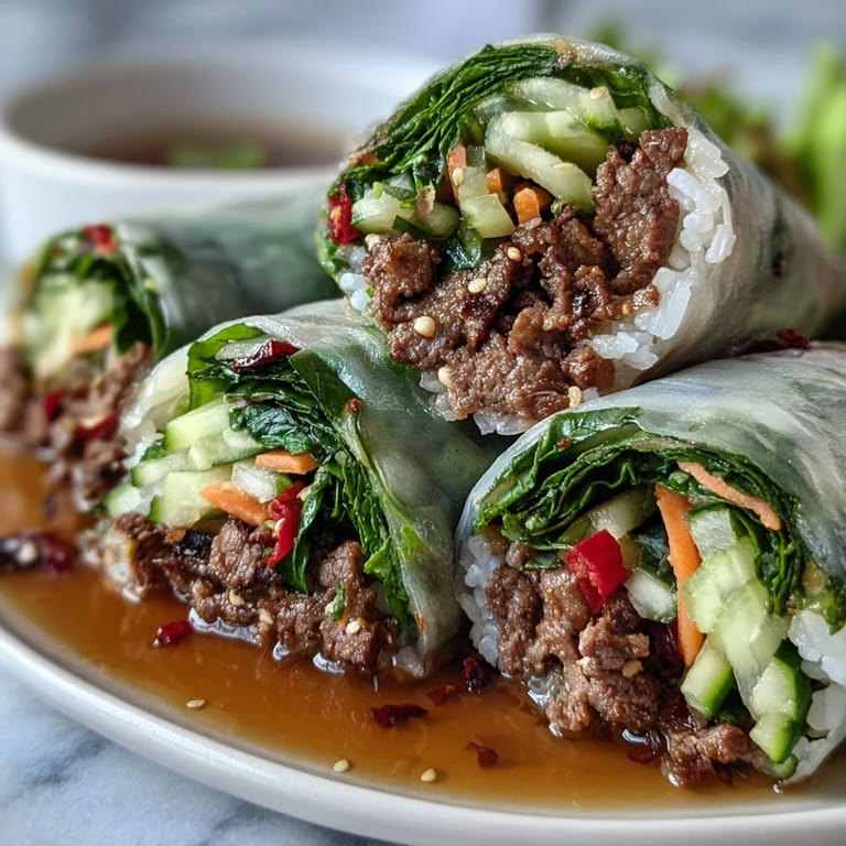Close-up of Thai Basil Beef Rolls showing tender ground beef, crunchy carrots, and fresh Thai basil leaves wrapped in soft rice paper.  