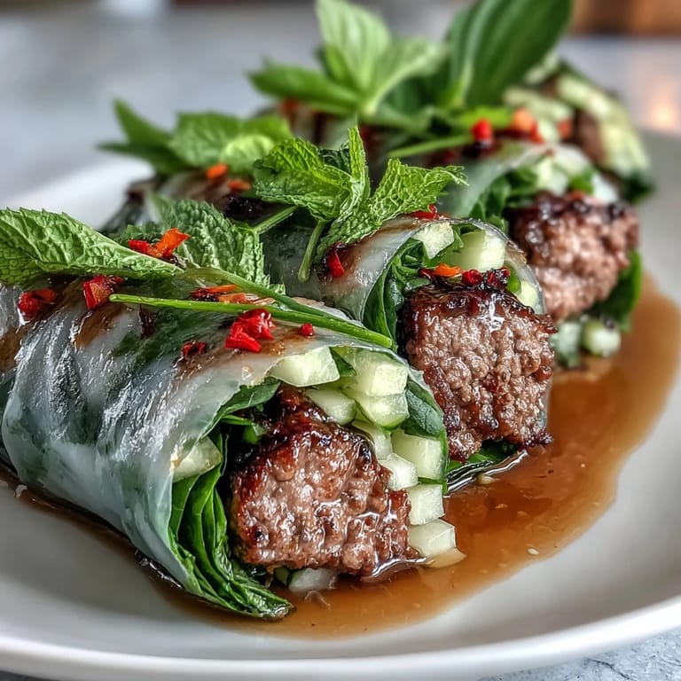 Thai Basil Beef Rolls arranged on a platter, ready for a light lunch or appetizer, highlighting vibrant colors and textures.