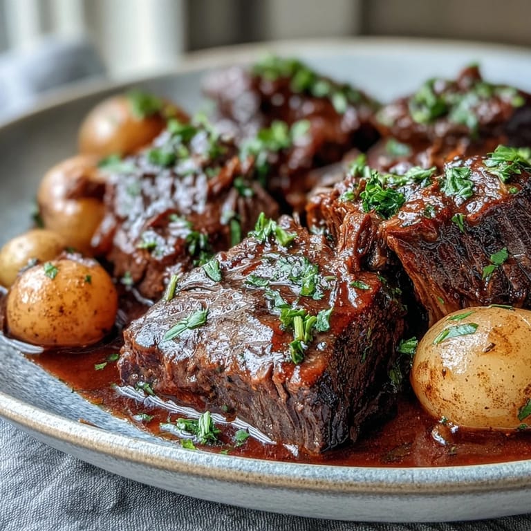 Classic American beef pot roast on a rustic platter, featuring glazed carrots, potatoes, and a luscious pan sauce for dipping.