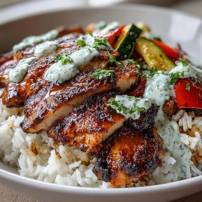 Ready-to-eat Blackened Chicken Bowl featuring vibrant sautéed peppers, onions, and fresh cilantro garnish on fluffy rice.